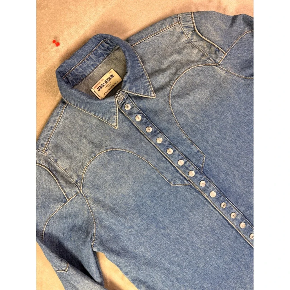 Zadig & Voltaire Thelmus Denim Western Shirt Size Medium Wash Blue Cotton Womens - Picture 8 of 13
